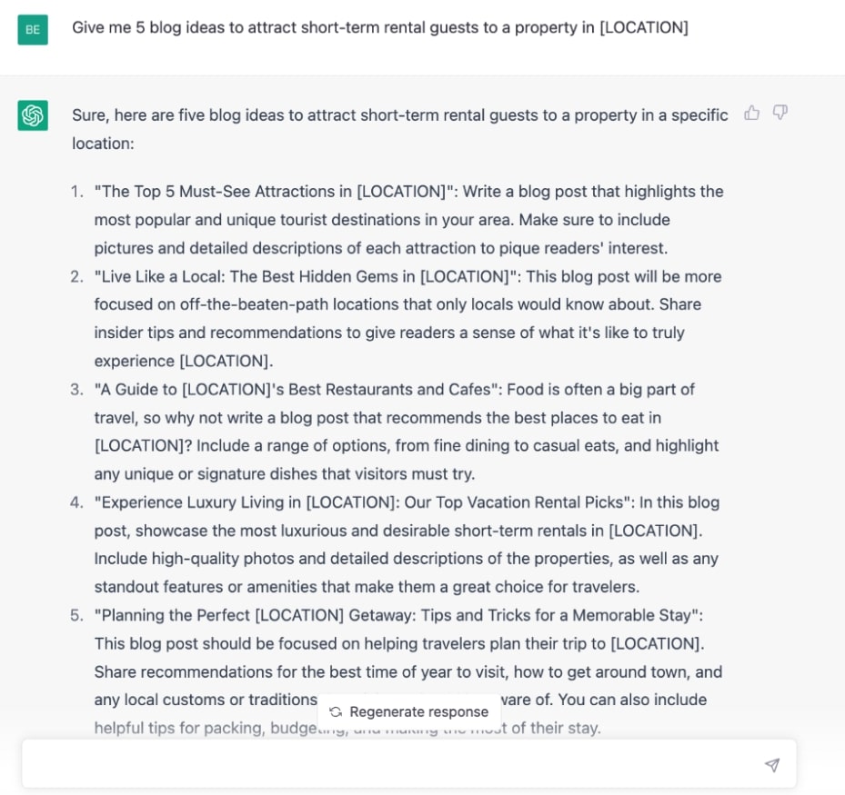Screenshot of a list of blog ideas inside ChatGPT