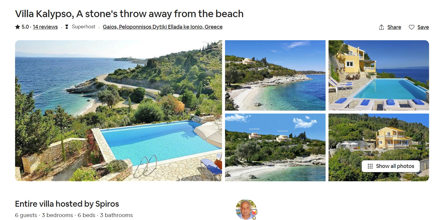 A view of a beachfront and pool property listings page in summer