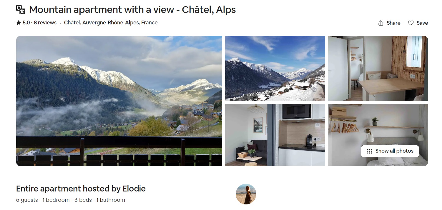 A view of a property listing page for a mountain chalet