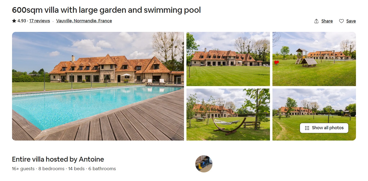 A view of a listings page with a pool and garden as the main attraction