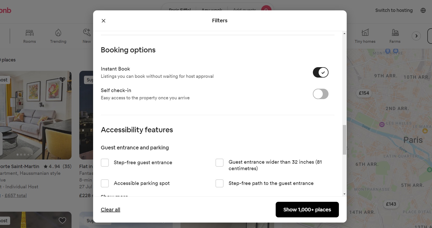 A screenshot of the Airbnb filter showing where you can turn on Instant Book