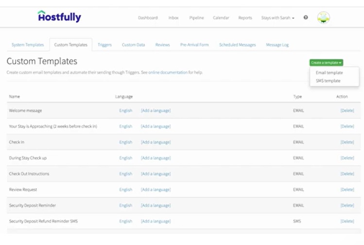 The Hostfully custom template dashboard.