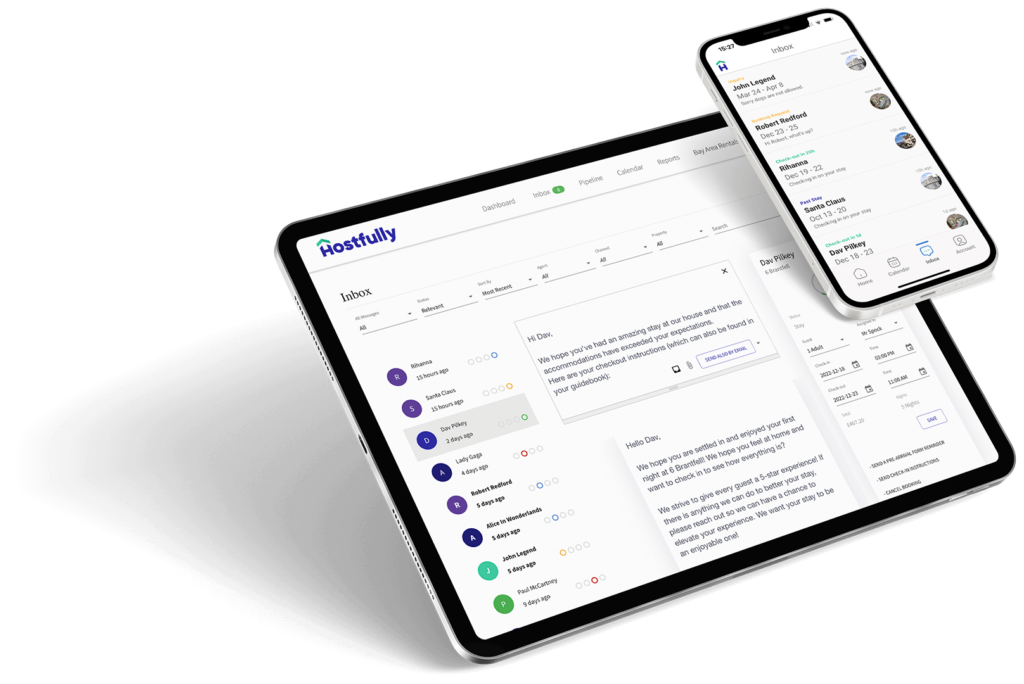 A tablet and phone showing Hostfully’s unified inbox feature.