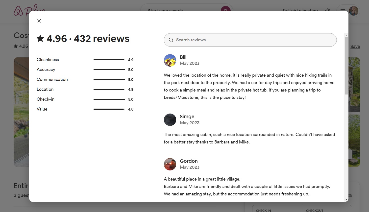 A view of Airbnb’s review screen on a property.