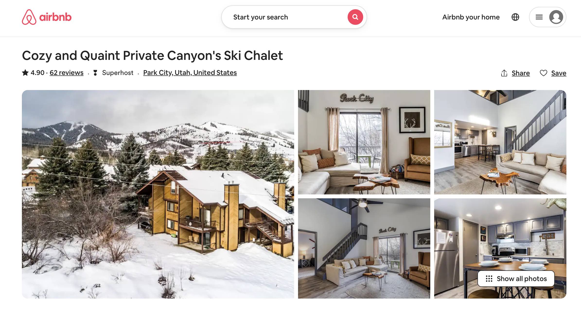 An Airbnb listing with bright photos emphasizing the design and location