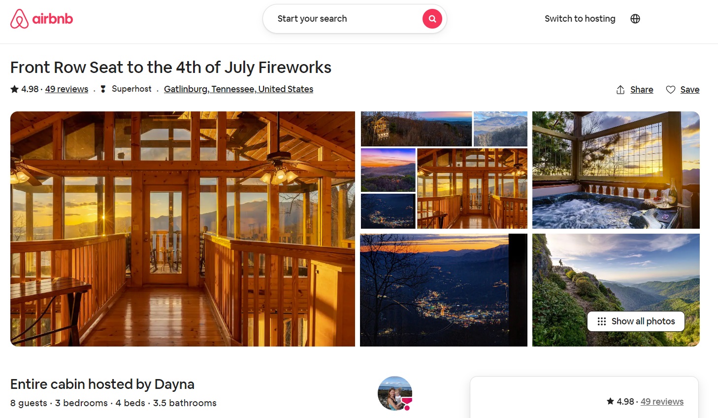 An Airbnb listing with a time-specific headline about the 4th of July