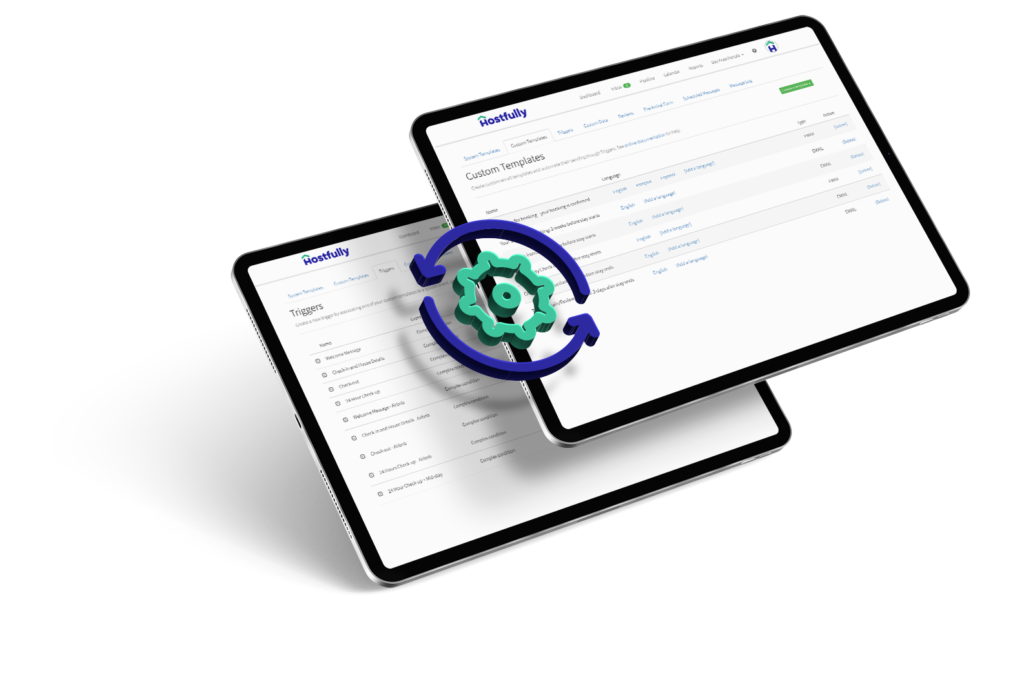 A graphic of Hostfully’s automations on two tablets.