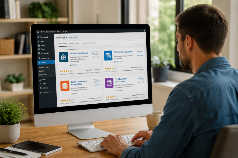 Hostfully - stock image - STR operator looking at wordpress plugins for his direct booking site