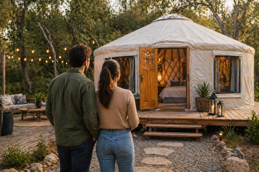 een stel dat de aankoop van een yurt beoordeelt als investering in vakantieverhuur