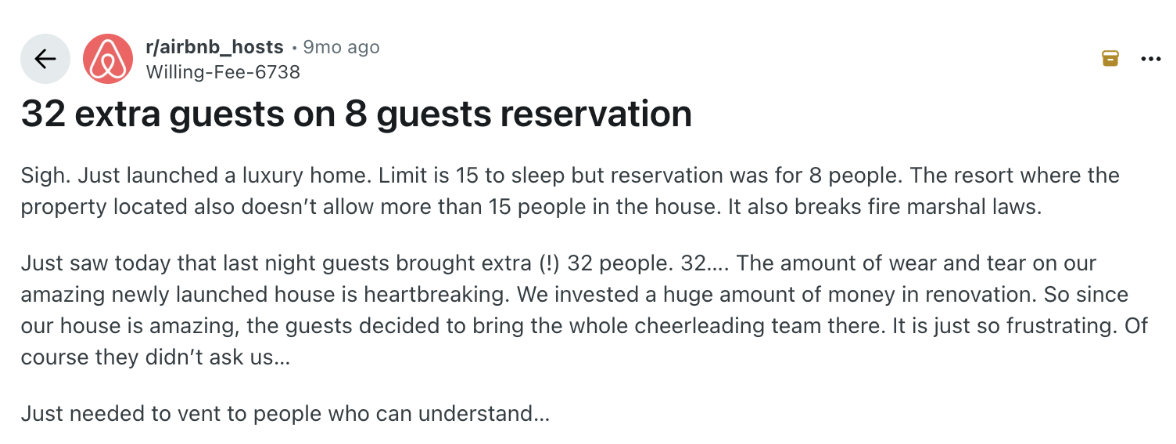 Reddit post about bringing extra guests to property
