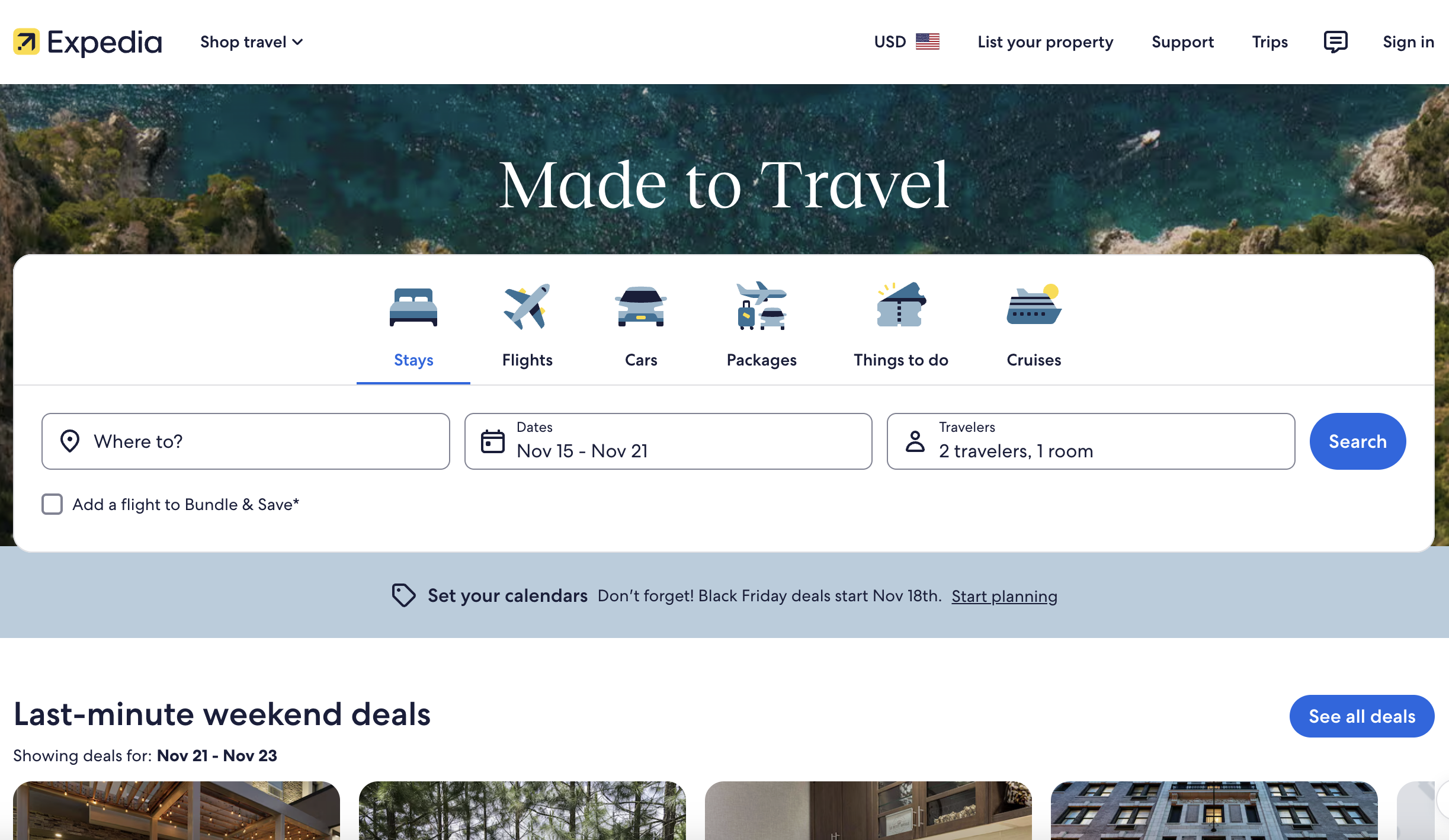 Expedia homepage