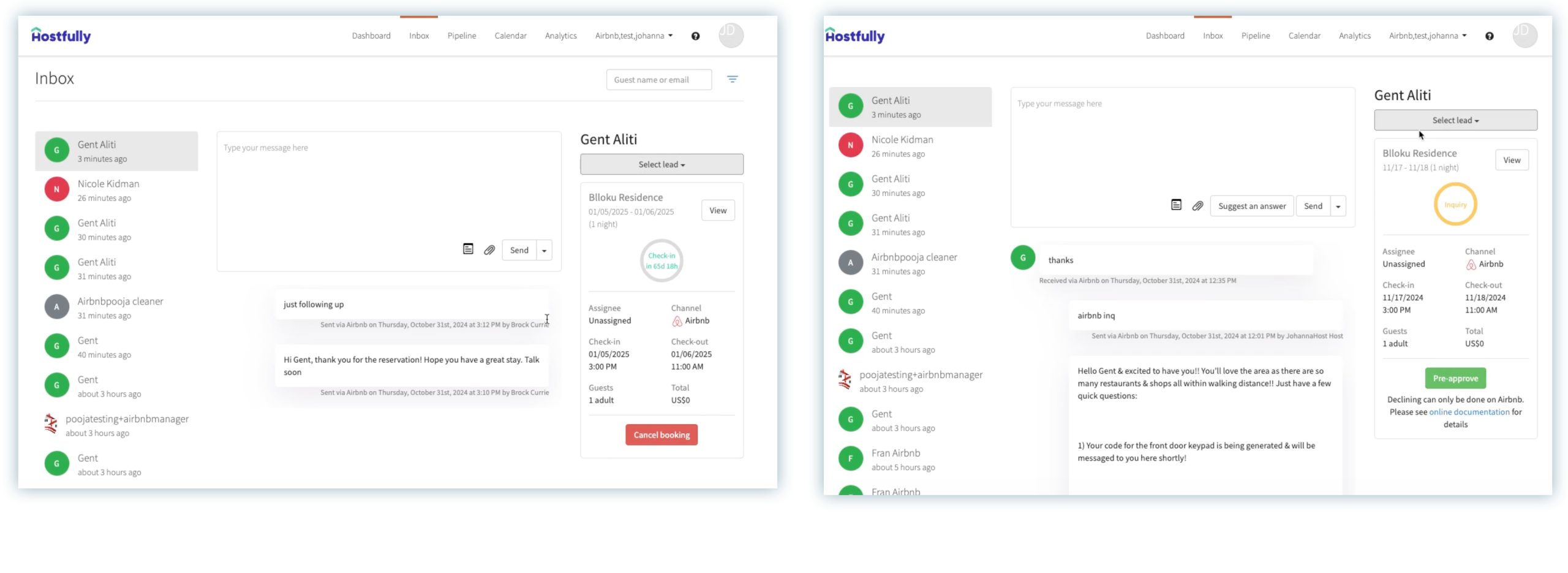 Hostfully inbox showing messaging back and forth