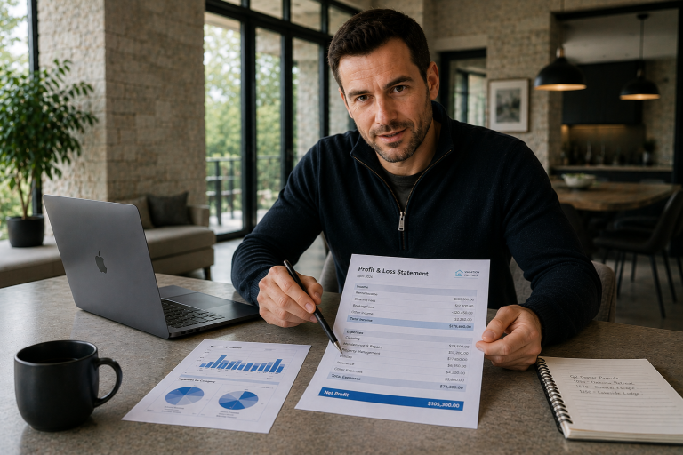 Hostfully - stock image - a property manager looking at accounting docs