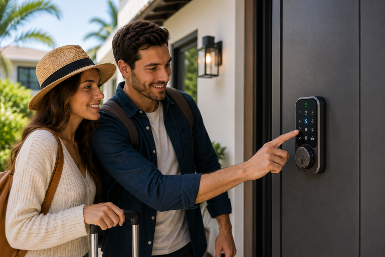 Hostfully - stock image - guests opening a door with a vacation rental smart lock