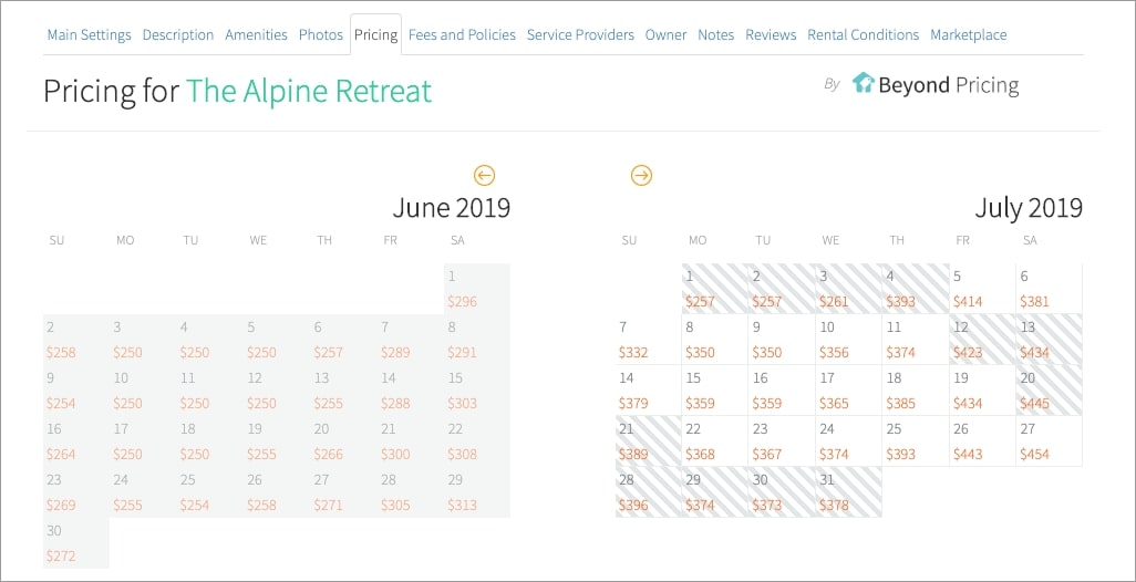 Screenshot of a booking calendar with the pricing on display