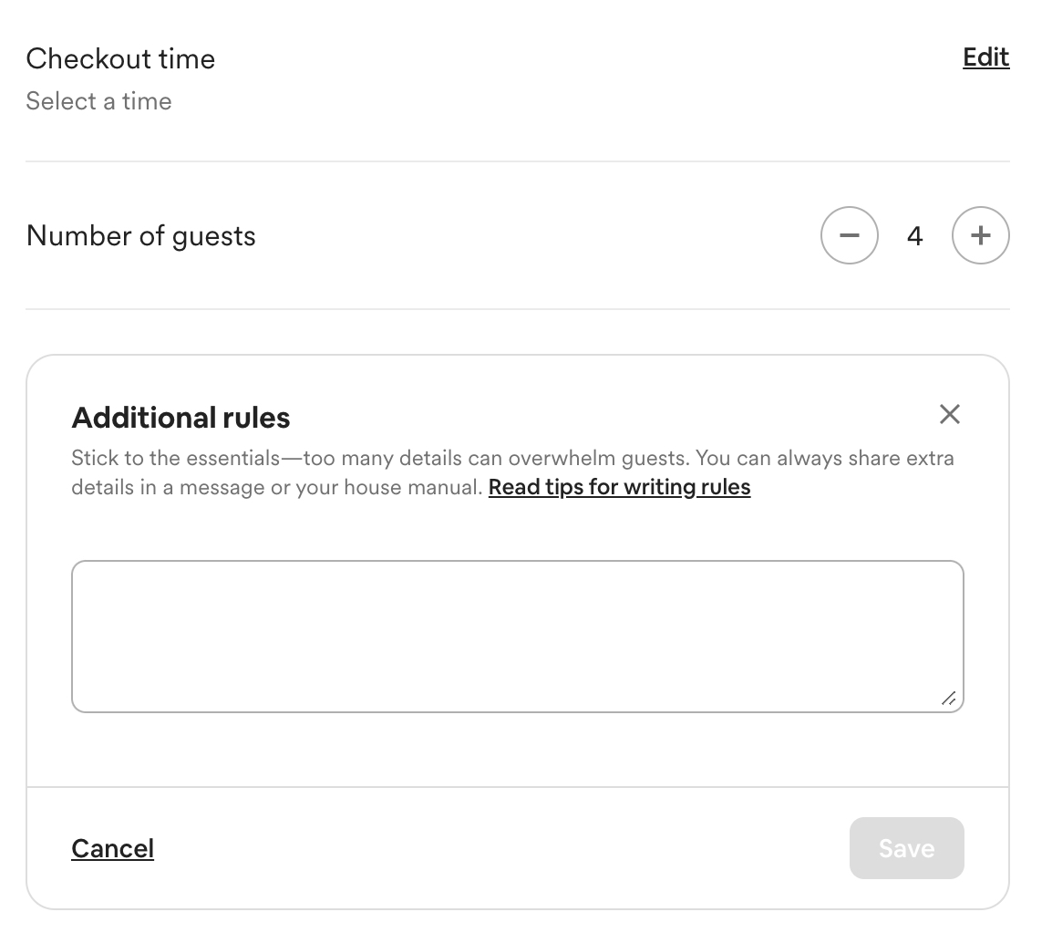 Page pour définir des règles de la maison personnalisées sur Airbnb