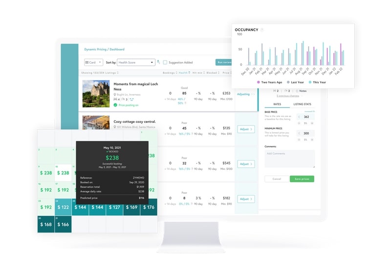 Overlapping screenshots of KeyData interfaces with graphs and figures