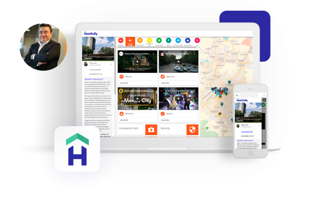 A iPad view of Hostfully’s Guidebook with a map and recommendations.
