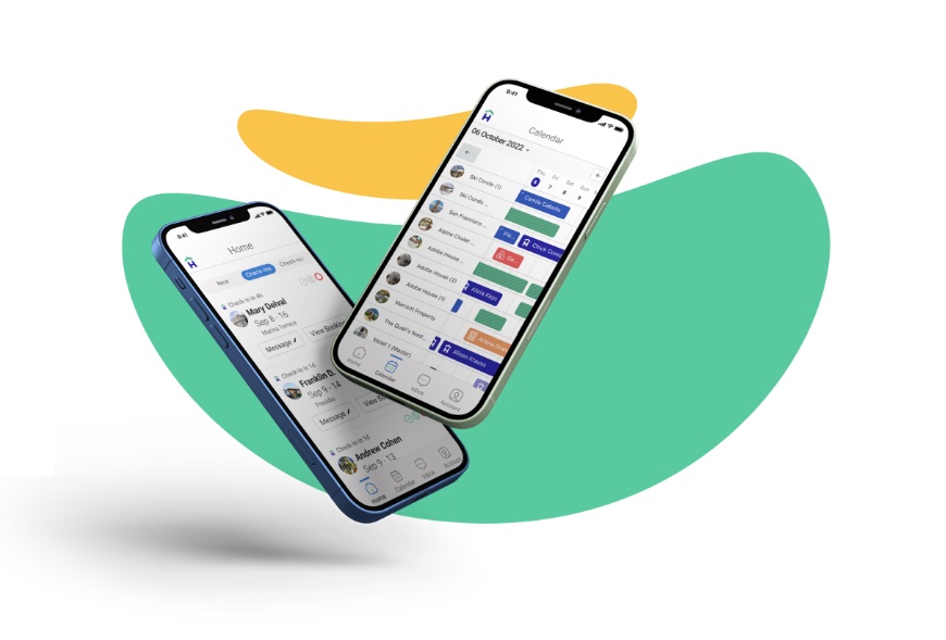 A view of two smartphones with the Hostfully app displayed