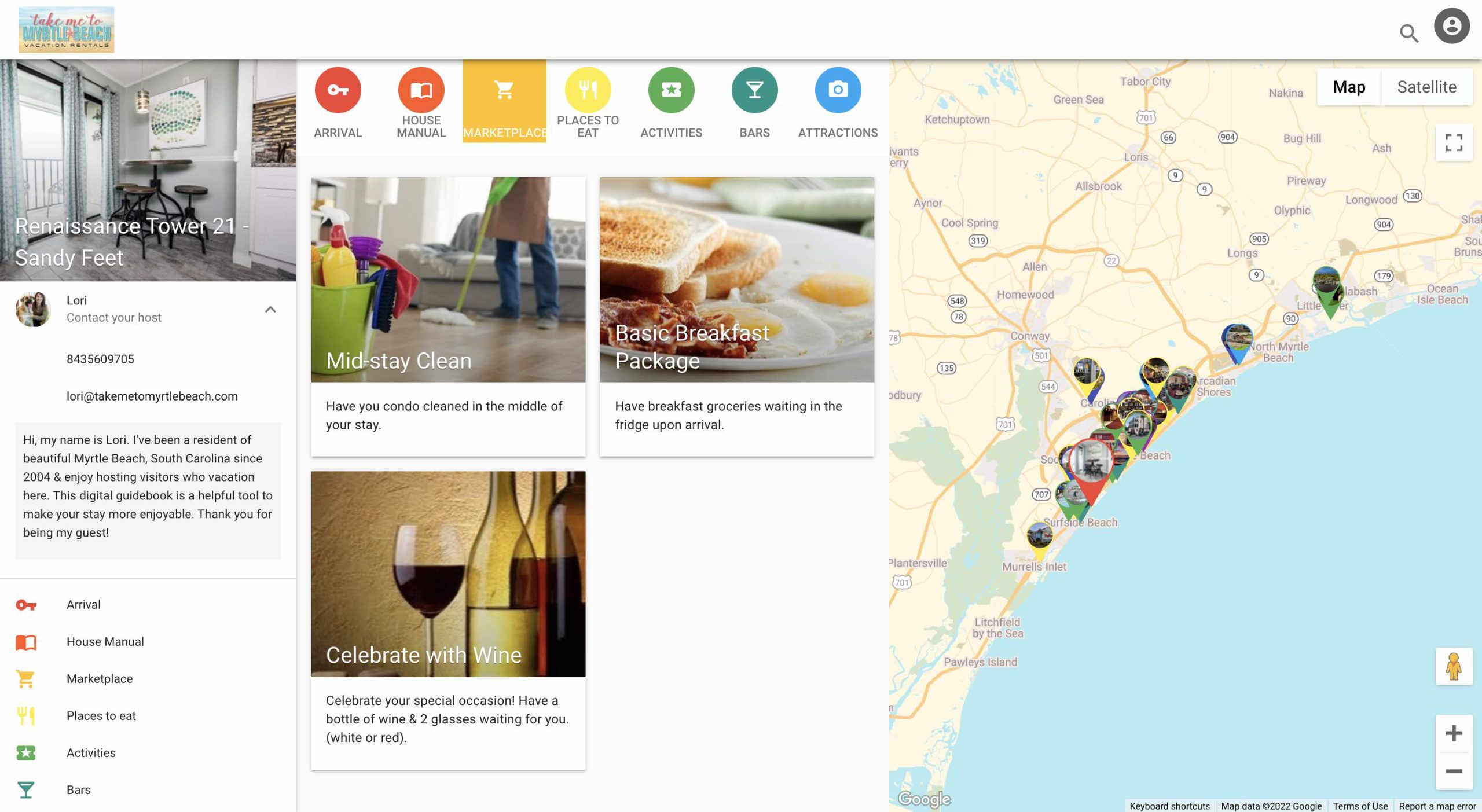 Ein digitaler Reiseführer von Hostfully, der die Kategorie Marktplatz anzeigt