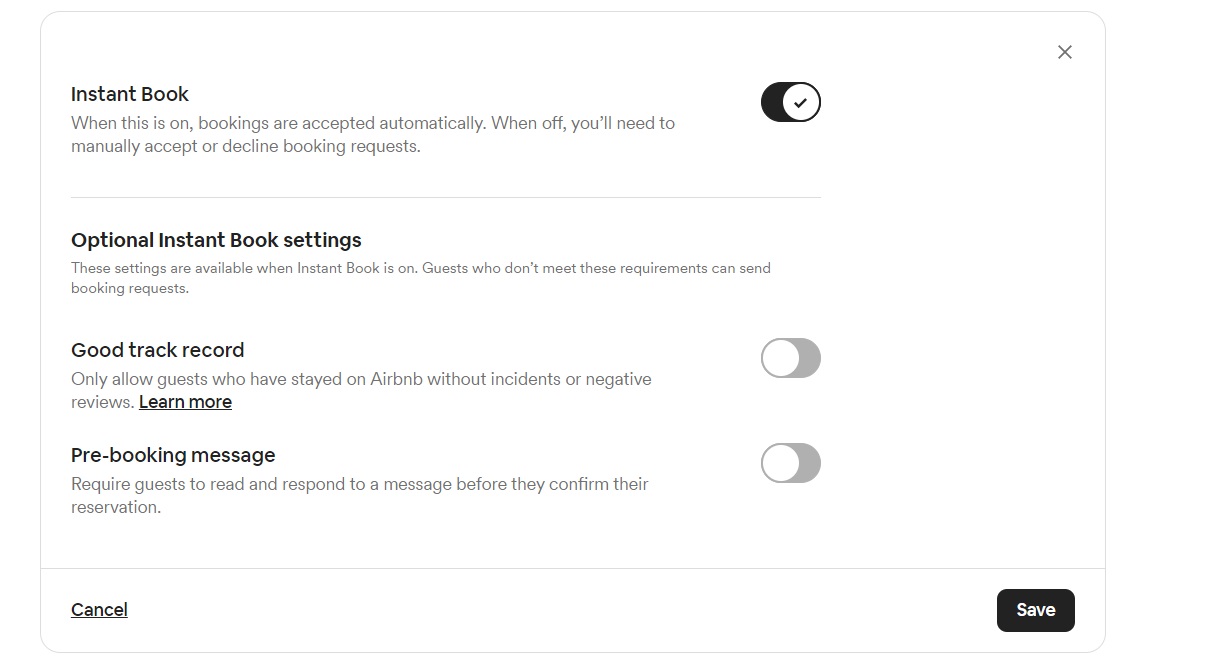A view of the Airbnb Instant Book optional settings