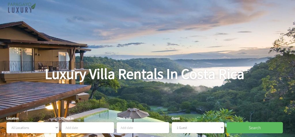 Página de inicio del sitio web de reservas directas de Papagayo Luxury