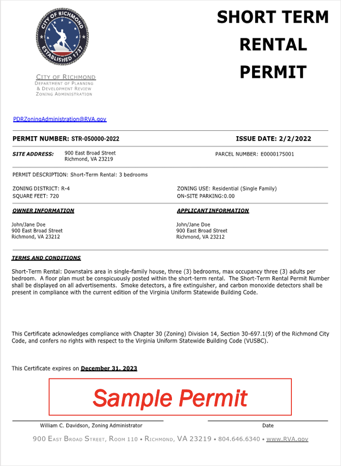Richmond STR Permit sample