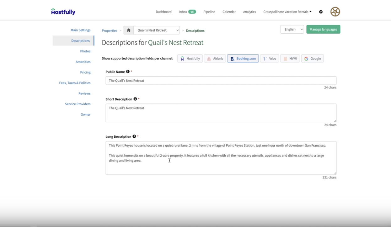 Property dashboard showing all the settings.
