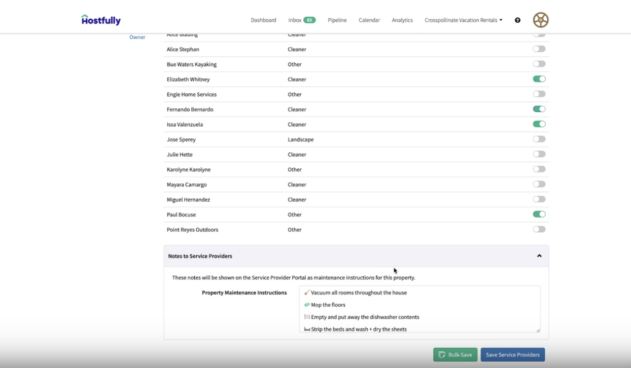 Hostfullys service providers page where you can leave notes