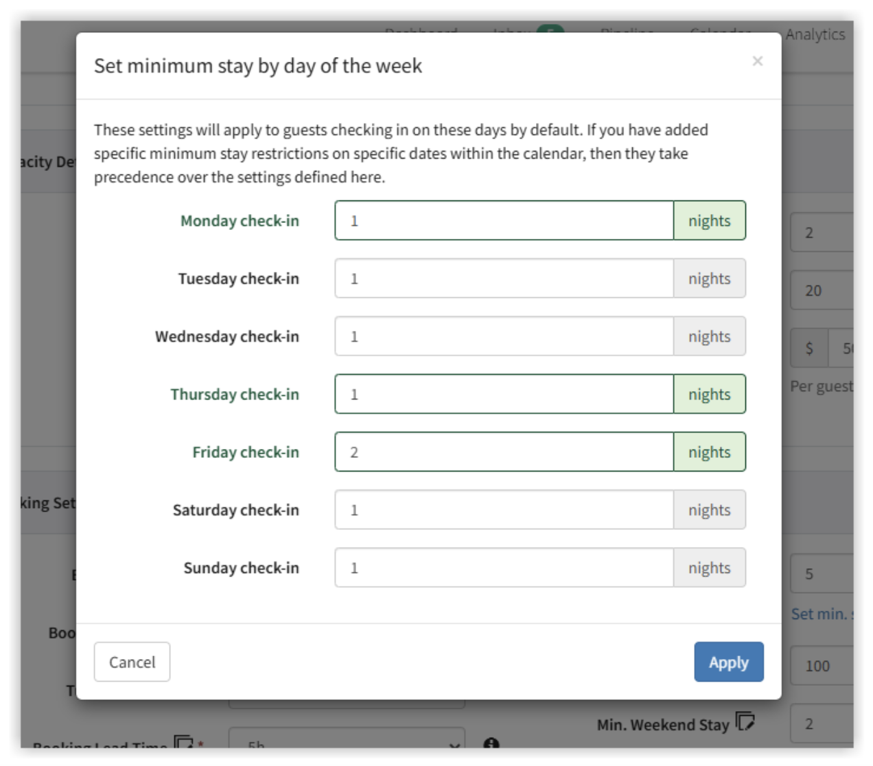 Hostfully's minimum night stay settings