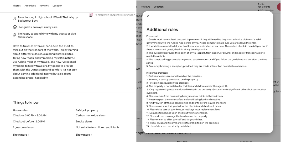 Airbnb listing showing additional rules