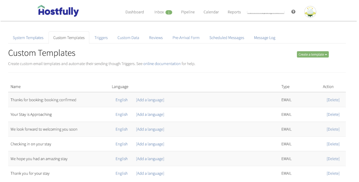 Hostfullys custom templates section within the PMS