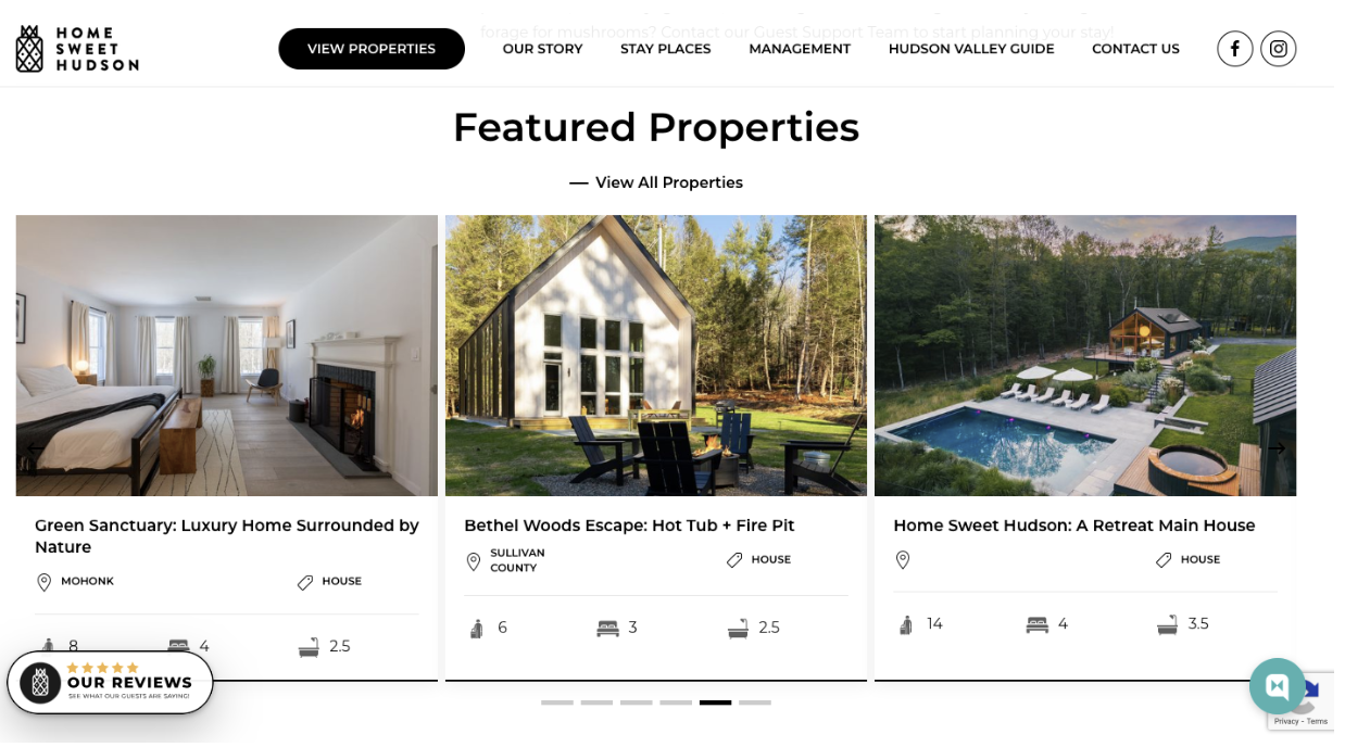 Home Sweet Hudson's featured properties page on their direct booking site.