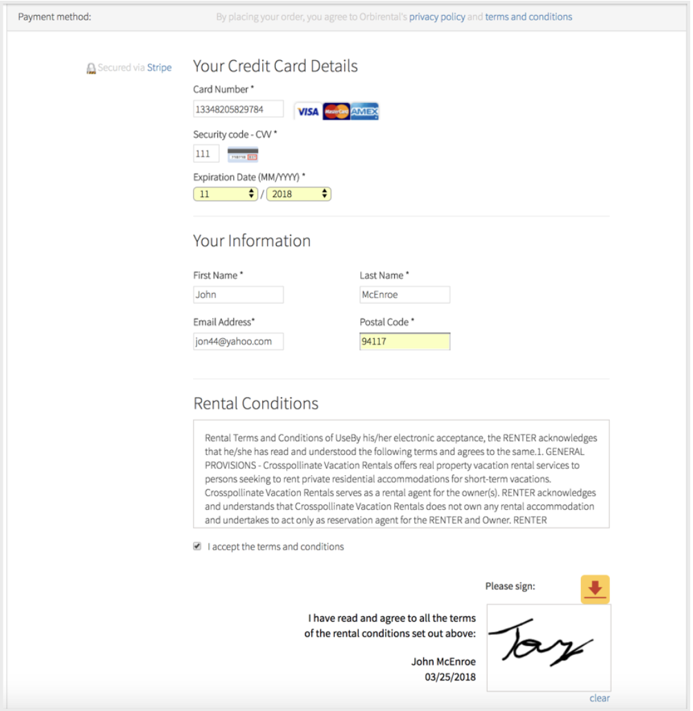 Hostfully's checkout page showing a vacation rental agreement