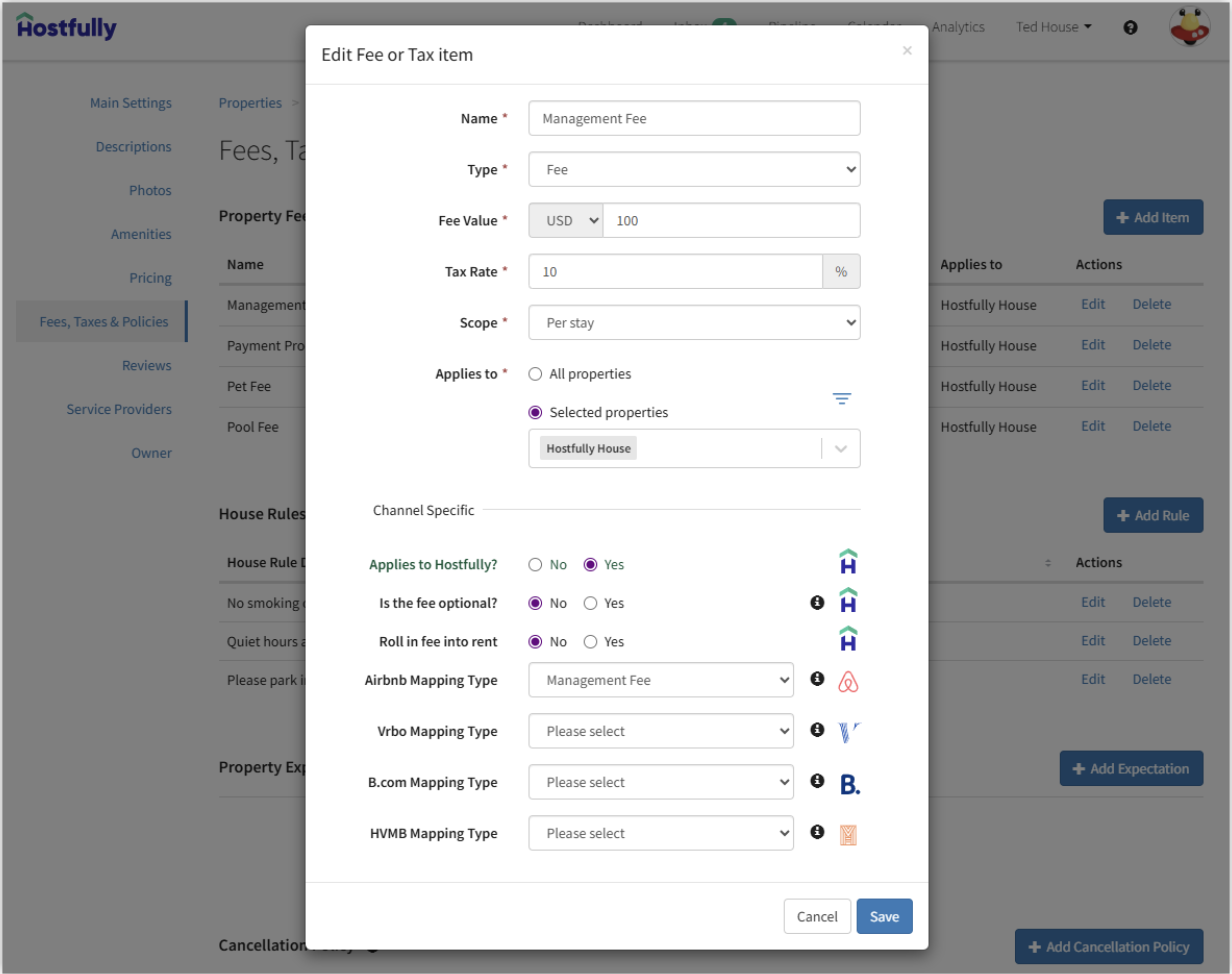 Hostfully's tax and fee menu.