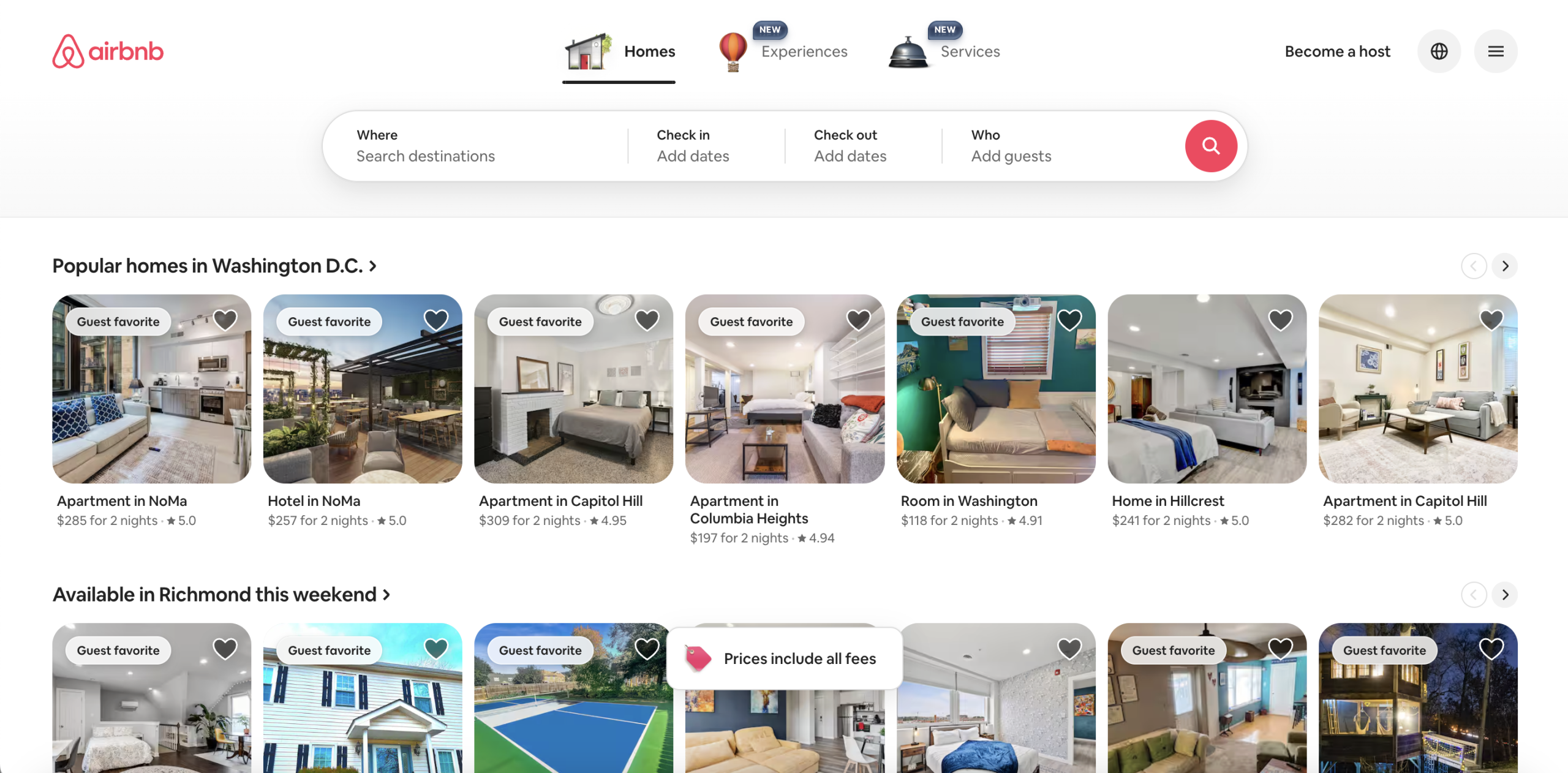 Airbnb main search page