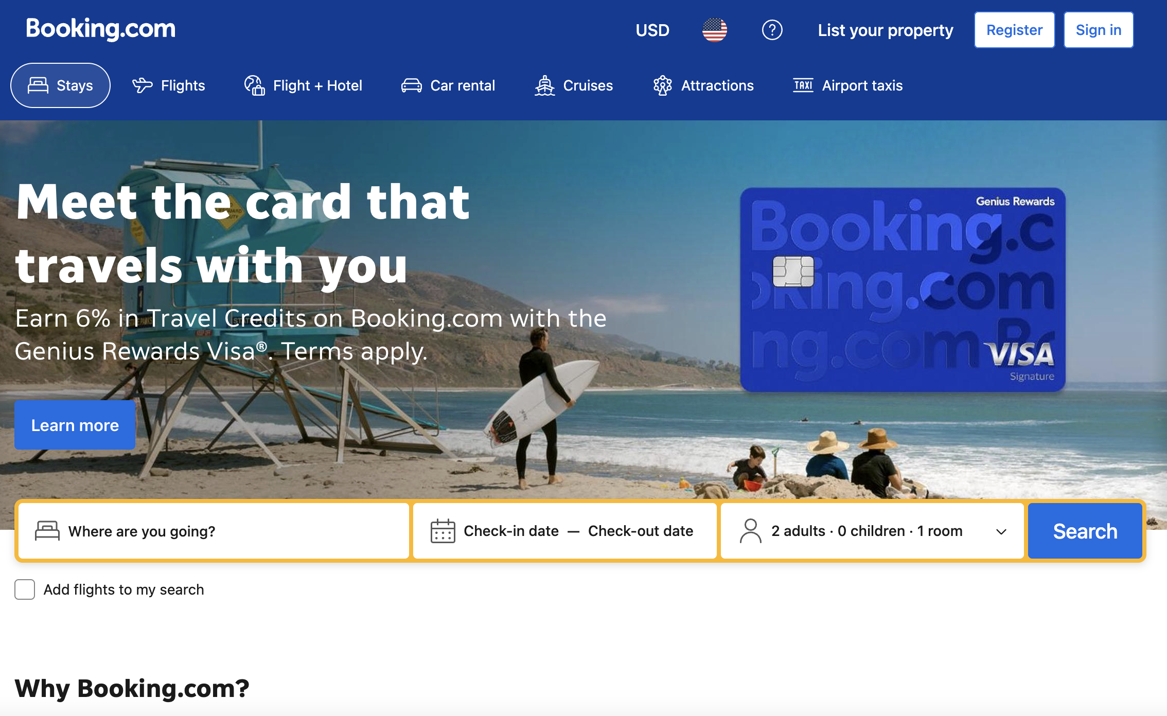 Booking.com's homepage to book properties