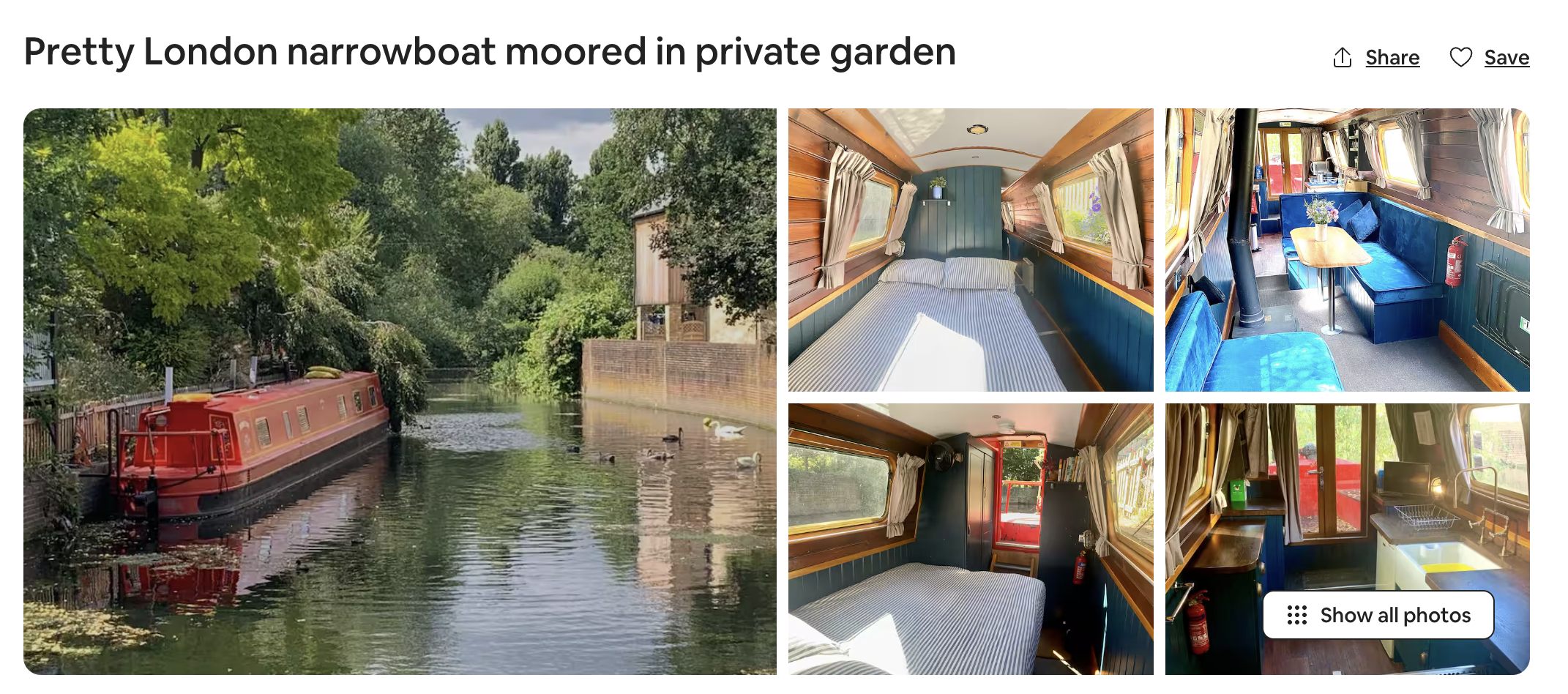 An Airbnb listing of a London houseboat