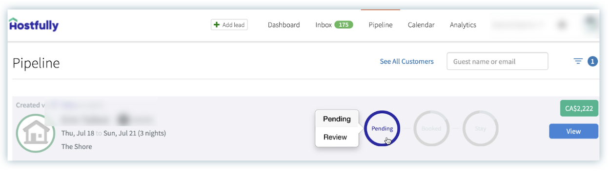 Hostfullys booking pipeline, showing the booking stage