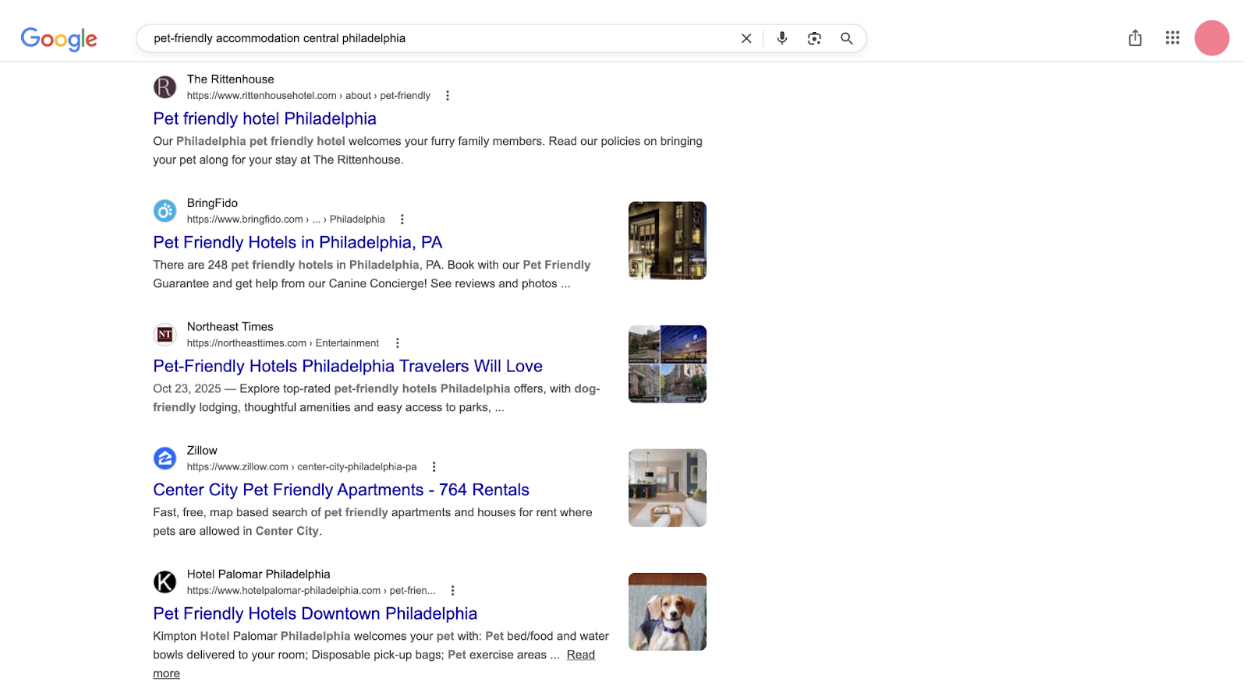 Ricerca su Google di affitti a breve termine che accettano animali domestici a Philadelphia 