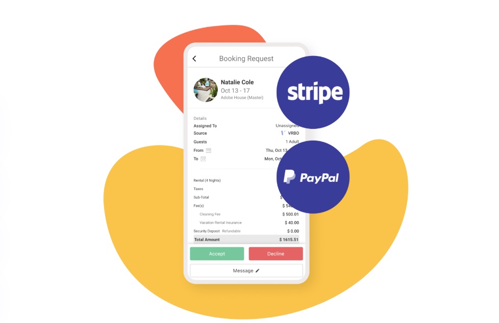 A graphic of a smartphone with Hostfully, and the Stripe and PayPal logos on the side.