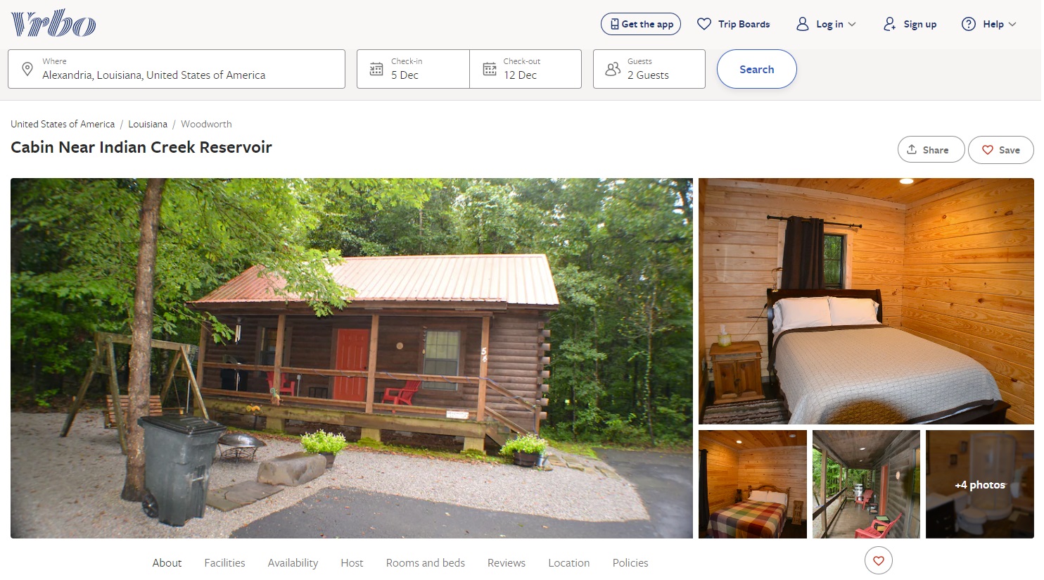 Interior and exterior views of a cabin on a Vrbo listing