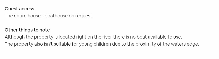 A close-up of an Airbnb listing, showing conditions for the home rental.