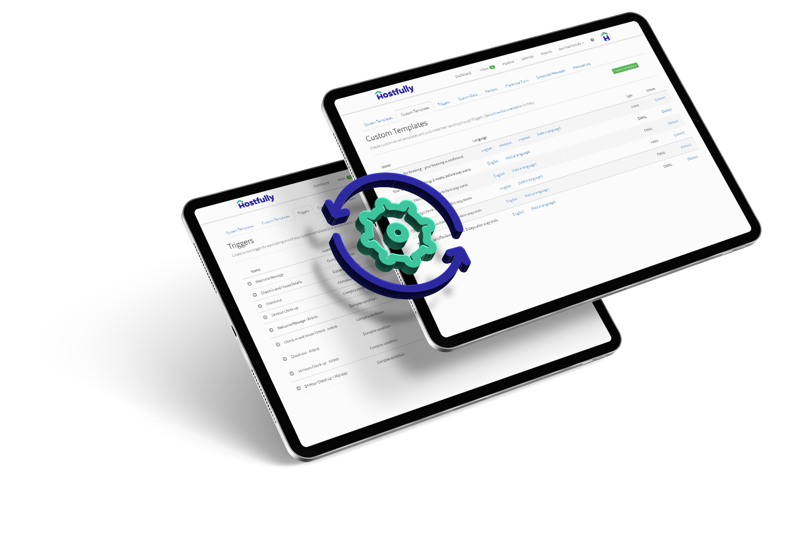 A view of two tablets, one with Hostfully’s custom templates and another with scheduling triggers