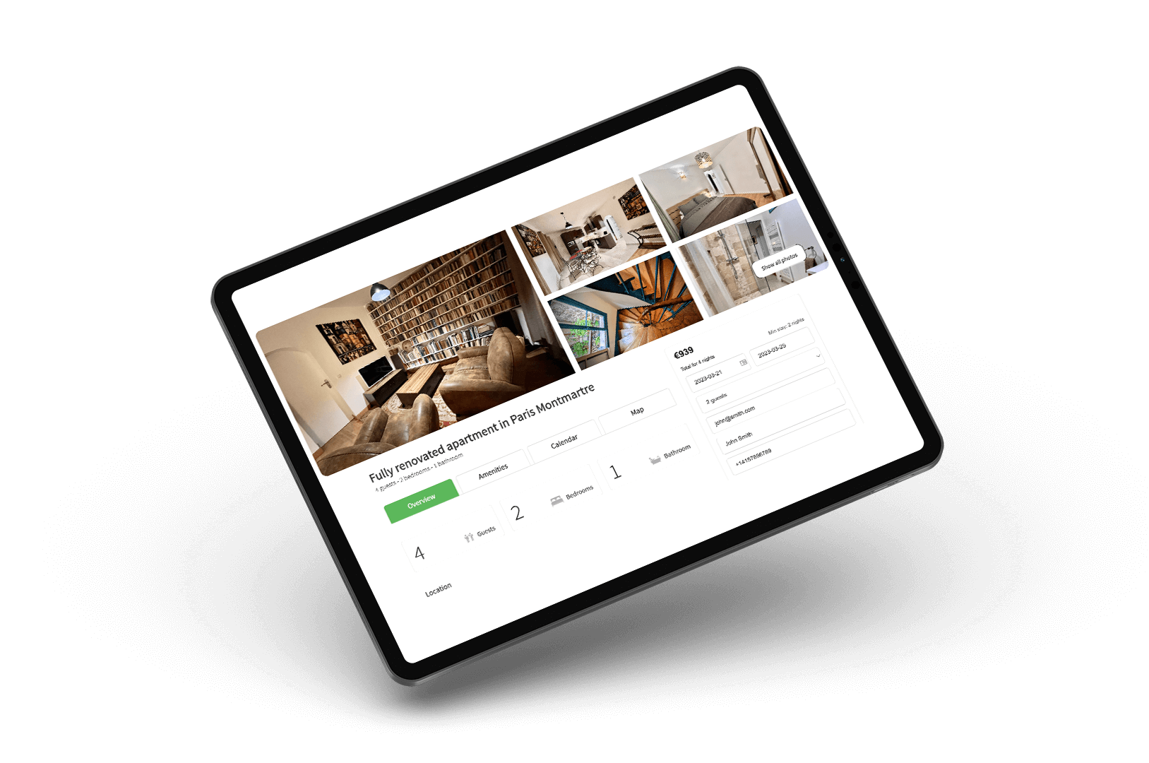 A graphic of a tablet showing a direct booking site built with Hostfully