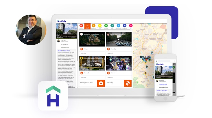 A graphic of the Hostfully guidebook view with map and recommendations 