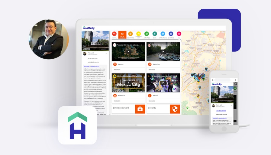 A view of the Hostfully property management system on a tablet and phone