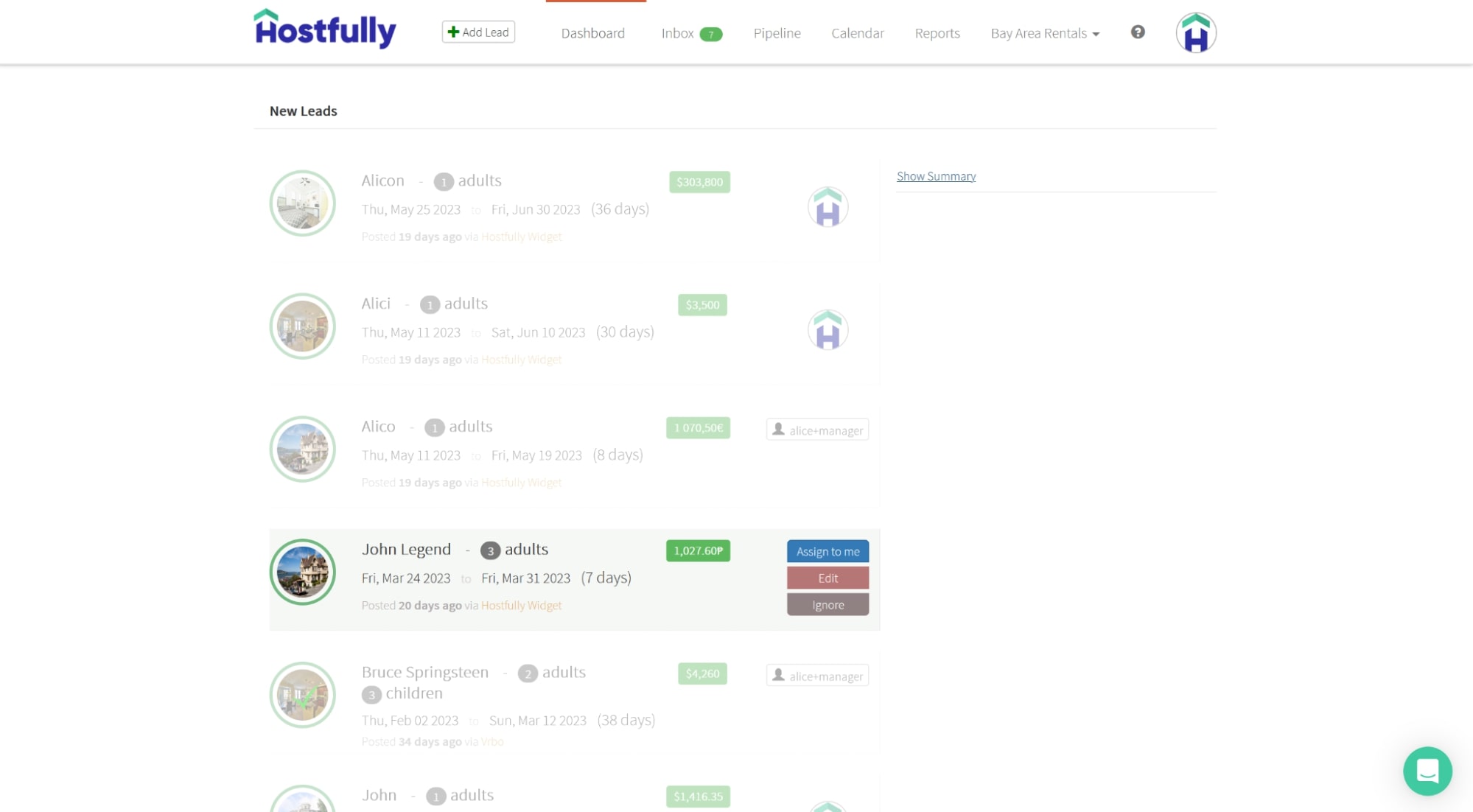 The Hostfully dashboard showing severals guest stays and details