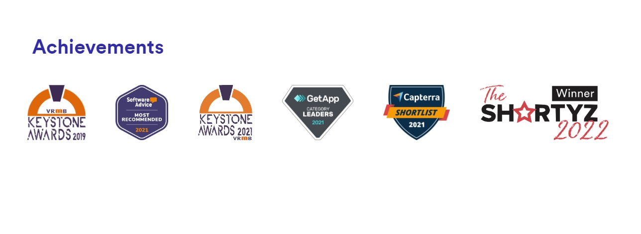 A view of the logos for awards that Hostfully has won