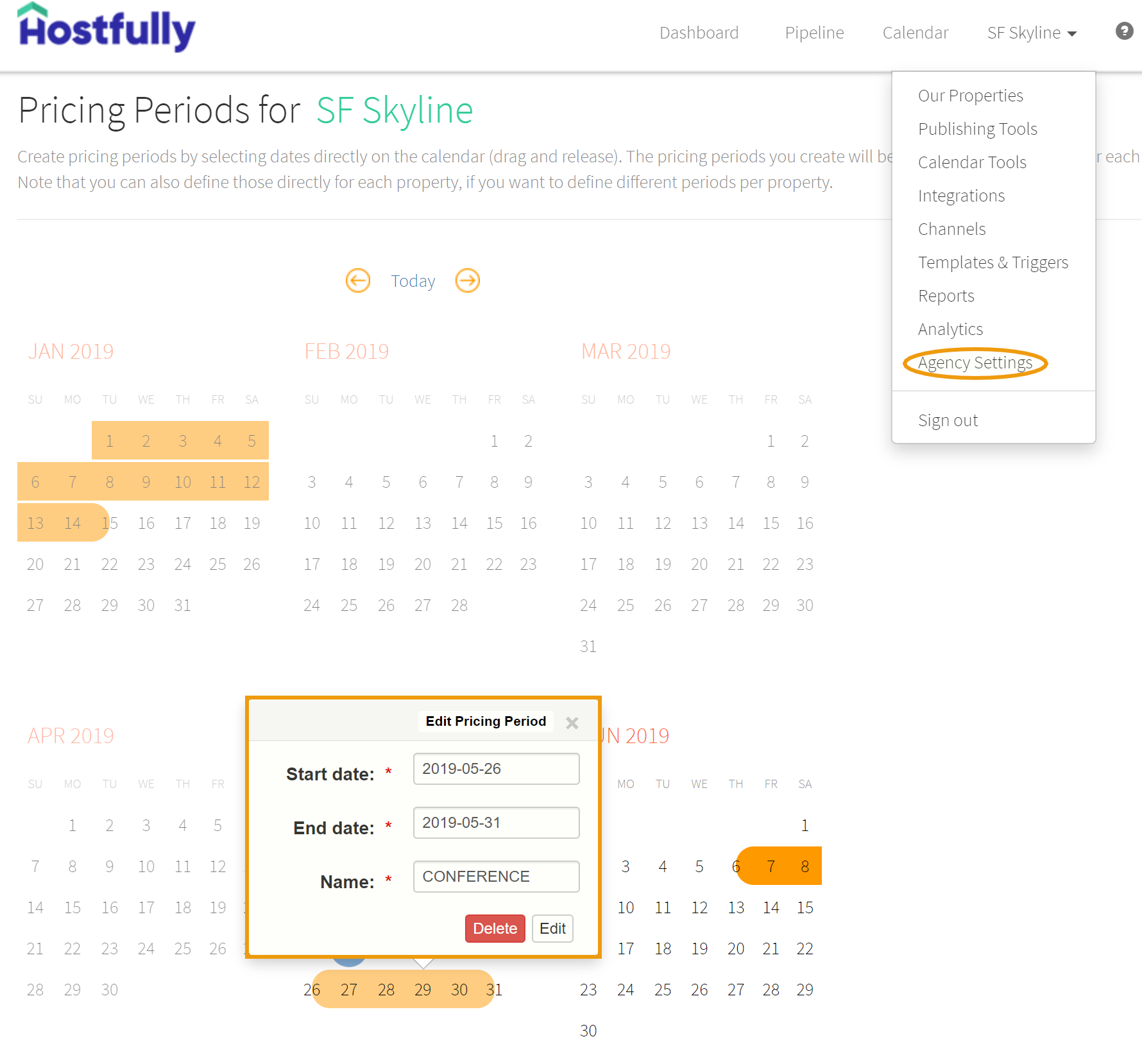 Hostfully's seasonal pricing calendar